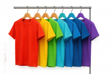 Colorful t-shirts hanging on wooden hangers, displaying vibrant retail fashion lineup against clean white space