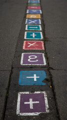 Math Playground: Vibrant painted squares on asphalt, forming a playful arithmetic pathway for children. Each block invites interactive learning.