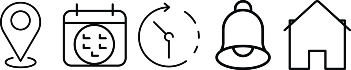 Time, date and address icon set. Map and notification bell icons. Calendar, clock, map pin, reminder. Notice alert, Notification, schedule, time clock vector illustration
