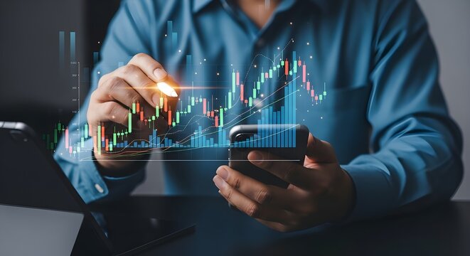 Futuristic digital artwork of hands holding a smartphone and stylus, analyzing holographic stock market data with candlestick and line graphs above a tablet on a dark surface, representing investment 
