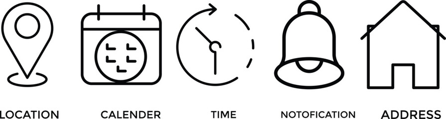 Time, date and address icon set. Map and notification bell icons. Calendar, clock, map pin, reminder. Notice alert, Notification, schedule, time clock vector illustration
