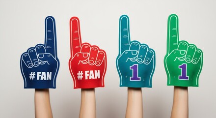 Four arms hold up foam finger hands in blue red teal and green The blue and red have FAN the teal and green display 1