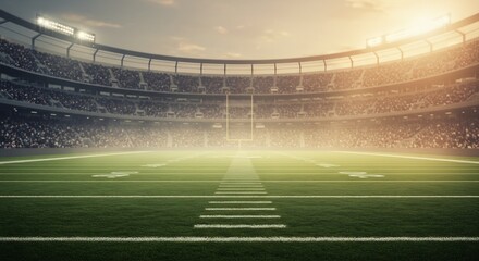 An American football field inside a stadium packed with spectators under bright stadium lights Goalpost visible