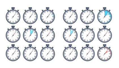 Set of stopwatch icons displaying various time increments.