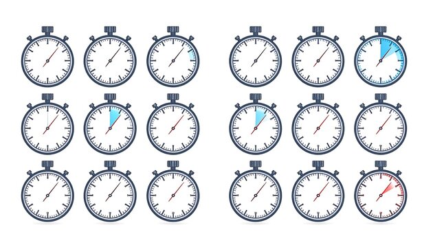 Set of stopwatch icons displaying various time increments.
