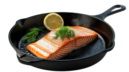 Vector Illustration of Salmon Frying in a Pan with Dill and Lemon, Transparent Background, No Background, Healthy Seafood Meal