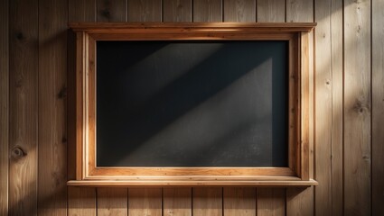 Empty chalkboard in wooden frame mounted on wooden wall. Classroom or cafe decor with rustic style. Blackboard and wooden interior design.