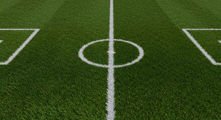 Obraz premium A close-up of a green soccer field with white markings like the center circle lines and corner triangles