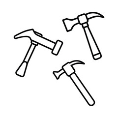 Three hand drawn outline illustrations of claw hammers on a white background