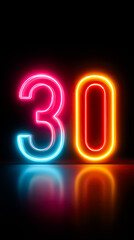 Neon sign with the number 30 in neon colors. The sign is lit up and he is glowing