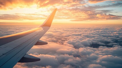 Obraz premium A plane wing above the clouds during sunset