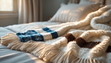 A cozy bed with soft blankets and pillows, featuring a silky sheet and a blue and white fringed throw blanket.