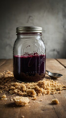 Artisan Jar Dessert with Crumbs: A rustic jar filled with a delectable dessert rests on a weathered wooden table, accompanied by a scattering of golden crumbs, capturing the essence of homemade charm.