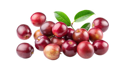 Heap of Fresh and Ripe Plums with Leaves Isolated on White Background