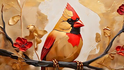 Acrylic painting of a gold red cardinal bird sitting on a branch with flowers, textured rough strokes style