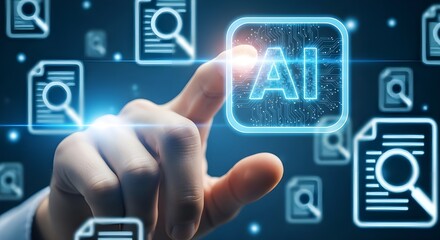 Futuristic close-up image of a hand interacting with a glowing blue AI icon on a digital interface, with surrounding blurred document icons, highlighting artificial intelligence