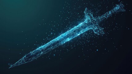 Abstract polygonal sword, glowing blue lines.