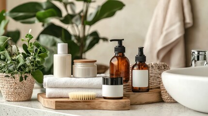 A set of natural skincare products on a bathroom counter