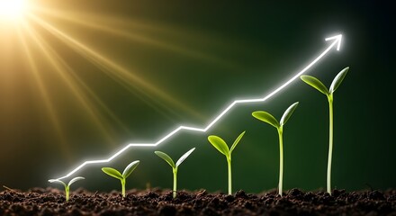 A series of five green seedlings sprouting from dark soil with increasing height, overlaid with a glowing white line graph and upward arrow, symbolizing growth, progress, and business success trends.