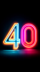 Neon sign with the number 40 in neon colors. The sign is lit up and he is glowing