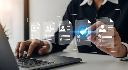 digital document verification, holographic workflow interface, profile approval concept, online application process, futuristic data selection, hands using stylus, laptop and hologram scene, digital c