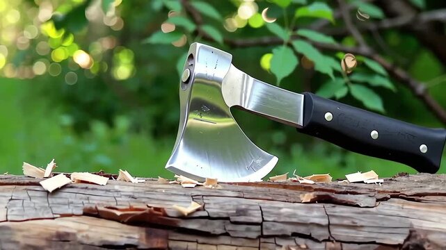 Shiny metal axe with a black handle, inserted into a wooden log with chips, outdoors