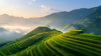 Scenic terraced rice fields on mountain slopes with misty valley, green layers of farmland and peaceful rural landscape