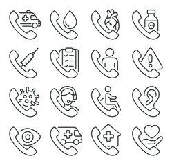 Emergency medical icons: ambulance, heart, vaccine, headset, wheelchair, care symbols