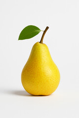 Single ripe yellow pear with green leaf and stem, isolated on a clean white background with soft studio shadow. Minimal food image for recipes, nutrition and healthy eating themes.
