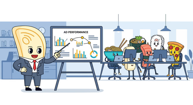 Cartoon food characters attend an ad performance presentation in office setting