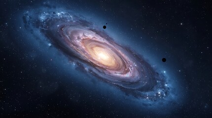 Naklejka premium Conceptual universe and galaxies image, cosmic scene with swirling galaxy surrounded by planets and stars in darkness, Spiral Galaxy Space Stars, created with generative ai