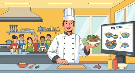 Cheerful chef presenting mie ayam dish in a modern kitchen classroom setting