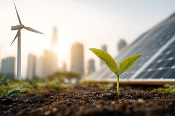eco power idea featuring photovoltaic arrays and aerogenerator in verdant metropolis picture highlights seedling flourishing in lively setting denoting expansion and environmental kindness

