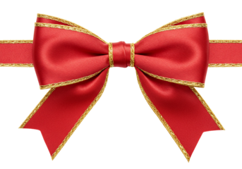 Red ribbon bow with gold edge close up studio shot isolated on transparent background