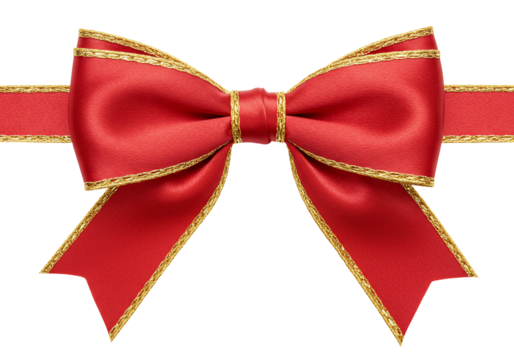 Red ribbon bow with gold edge close up studio shot isolated on transparent background