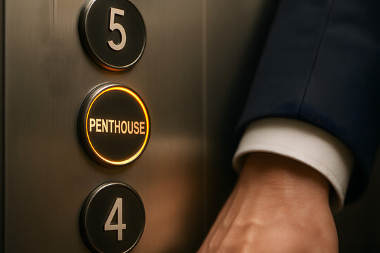 Closeup of a hand pressing the illuminated Penthouse button on an elevator panel.