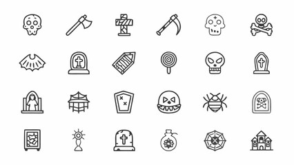 Fototapeta premium Illustration featuring halloween icons including skulls tombstones and haunted house in black and white style silhouette