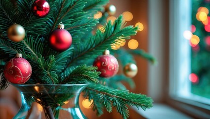 Decorated Christmas tree with red and gold baubles in a glass vase, holiday atmosphere with blurred lights in the background. Festive and cozy home setting.