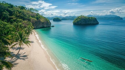 Fototapeta premium A tropical beach with palm trees and clear blue water