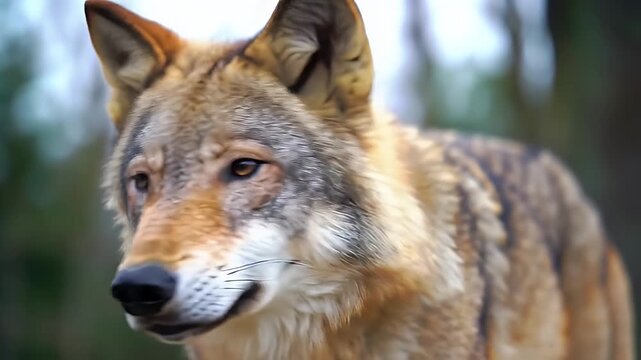 Detailed Portrait of a Red Wolf with Snow Accents in Natural Light Focus on Expressive Eyes and Textured Fur with Soft