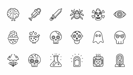 Collection of halloween themed icons including brains syringe spider skull and spooky characters design silhouette