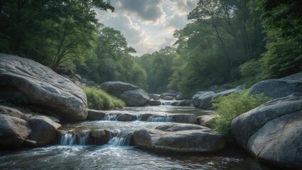 A river flowing through a lush green forest with large rocks and gentle waterfalls, under a partly cloudy sky.