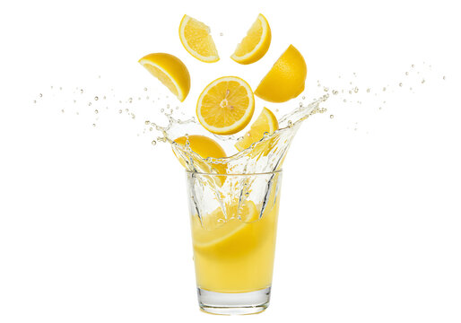 Refreshing lemonade splash yellow citrus drink in glass with falling lemon slices