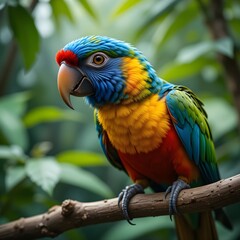 Obraz premium Close-Up of Colorful Parrot on Branch in Tropical Jungle