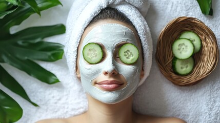 A woman relaxing with a face mask and cucumber slices