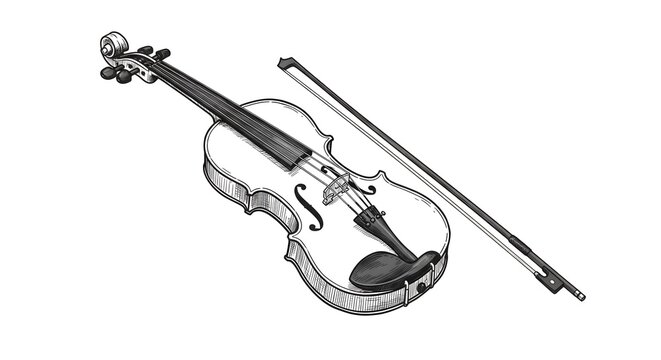 Hand-drawn sketch of a violin and bow on a white background