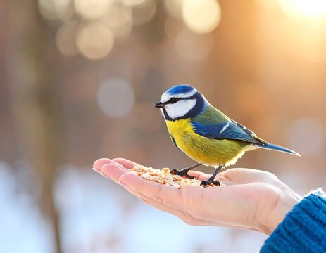 Delicate eurasian blue tit perched and balanced on hand offering seeds outdoor