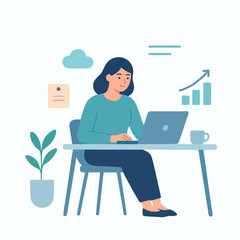Flat illustration of a woman working on laptop with a rising business growth chart in the background.