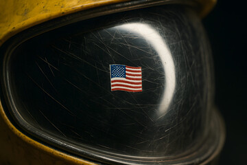Obraz premium Closeup of an astronaut helmet visor with American flag detail.