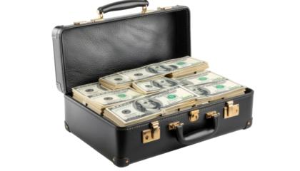 Briefcase filled with dollars cash money wealth concept isolated on white background
